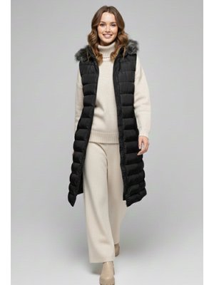 Siyah Şapkası Kürklü Şişme Yelek