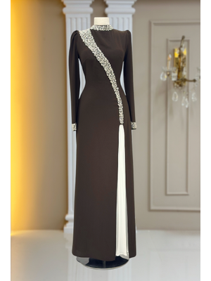 Kahverengi İnci Abiye Elbise