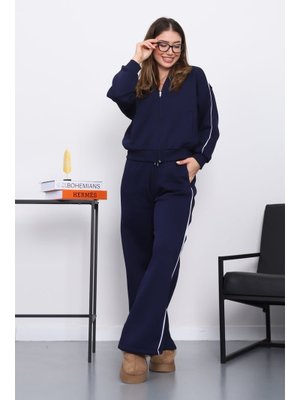 Lacivert Kapüşonlu Üç İplik Sweat Hırka Pantolonlu Takım