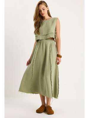 Çağla Yeşili Beli Lastikli Etek Yandan Bağlama Detaylı Crop Müslin Alt Üst Takım