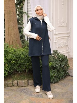 Lacivert Fitilli Yelek Tunik Pantolonlu Üçlü Takım