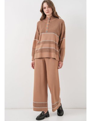 Camel Çizgili Oversize Triko İkili Takım