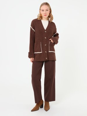 Kahverengi Kontrast Detaylı Triko Hırka