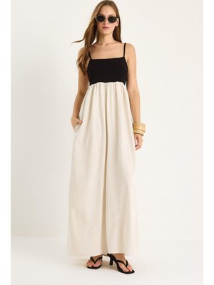 Siyah Askılı Sırt Detaylı Cepli Astarlı Keten Elbise Bej