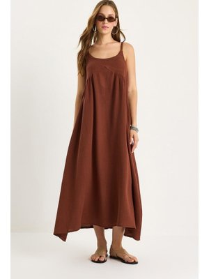 Kahve Saç Örgü Askılı Cep Detaylı Astarlı Salaş Müslin Elbise