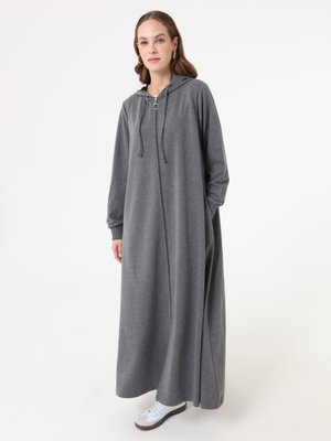 Gri Melanj Kapüşon Detaylı Fermuarlı Spor Kap / Pardesü