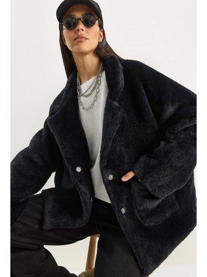 Siyah Çift Cepli Oversize Peluş Mont