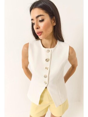 Beyaz Regular Bisilet Yaka Gold Düğme Detaylı Astarlı Dokuma Yelek