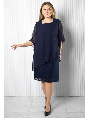 Lacivert İncili Şifon Abiye Elbise