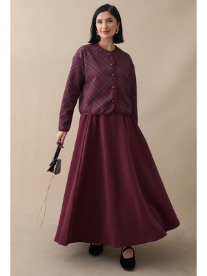 Ekose Desen Ceket Etek Bordo Takım