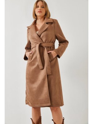 Vizon Kruvaze Yaka Kuşaklı Cep Detaylı Kaşe Kaban