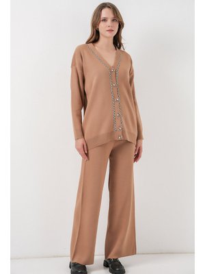 Camel Hırka Pantolon Triko İkili Takım