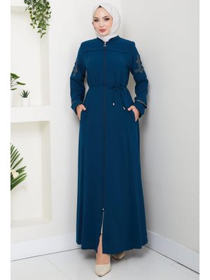 Petrol Bağcıklı Kolu Nakışlı Ferace