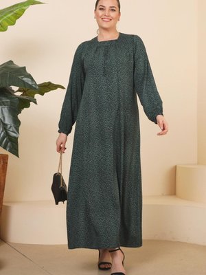 Zümrüt Yeşili Kadin Buyuk Beden Çıtır Desen Uzun Anne Günlük Elbise