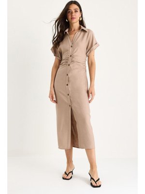 Bej Yanları Drapeli Midi Boy V Yaka Saran Elbise