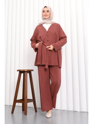 Bordo Bel Kuşaklı Keten Tunik Pantolonlu Takım