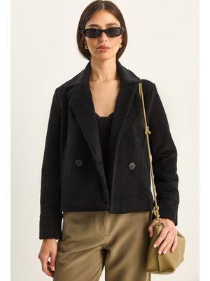 Siyah Kruvaze Yaka Astarlı Cep Detaylı Kaşe Kısa Ceket Kaban