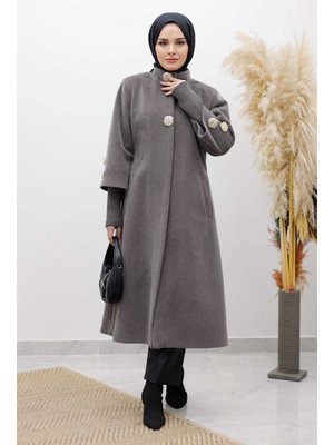 Açık Gri Kol Ucu Triko Detaylı Angora Fox Kaban