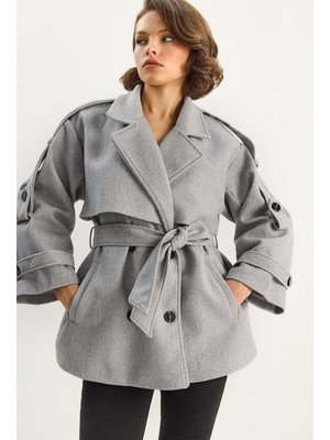 Gri Apolet Detaylı Astarlı Kuşaklı Cepli Kısa Kaşe Kaban