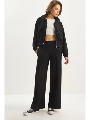 Siyah Çift Cep Detaylı Fermuarlı Lastik Bel Ceketli Bol Pantolonlu Modal Takım