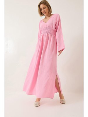 Şeker Pembe V Yaka Beli Gipeli Geniş Kollu Yırtmaç Detaylı Uzun Pamuk Müslin Elbise