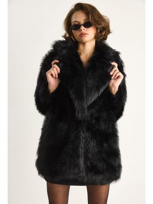Siyah Premium Suni Uzun Kürk Ceket