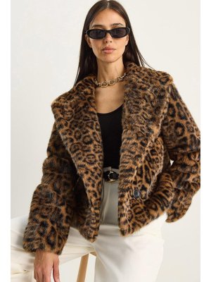 Kahverengi Leopar Desenli Cep Detaylı Astarlı Suni Kürk