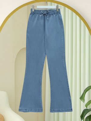 Buz Mavi Beli Lastikli Bağcık Detaylı İspanyol Paça Kot Pantolon