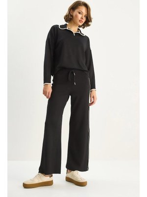 Siyah Polo Yaka Biye Detaylı Modal Alt Üst Takım