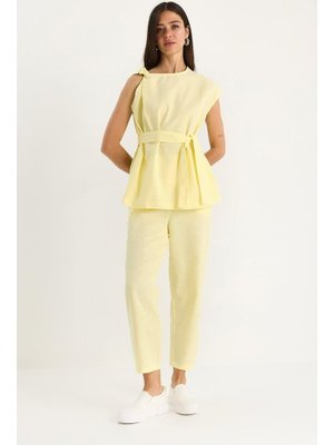 Limon Sarısı Omuz Düğüm Detaylı Kuşaklı Keten Alt Üst Takım