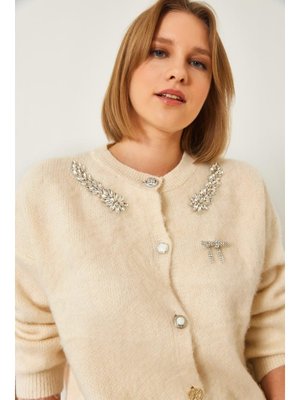 Ekru Yakası Taşlı Şardonlu Triko Hırka