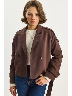 Acı Kahve Apoletli Kuşaklı Astarlı Kısa Trençkot