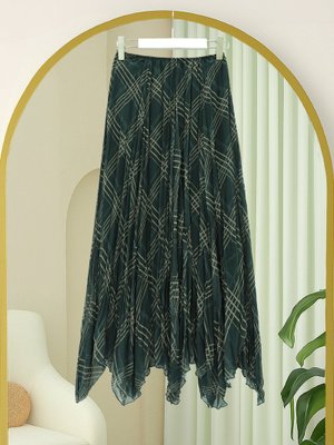 Haki Eteği Asimetrik Kesim Astarlı Şifon Etek