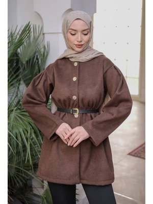 Kahverengi Bel Lastikli Kemerli Kaşe Çeket