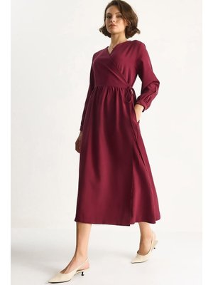 Bordo Kruvaze Kapamalı Cep Detaylı Modal Elbise