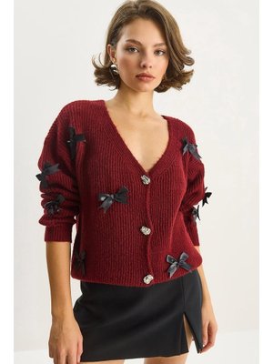 Bordo Fiyonk Aksesuarlı V Yaka Oversize Düğmeli Hırka