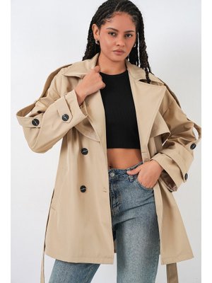 Bej Kuşaklı Kısa Trençkot