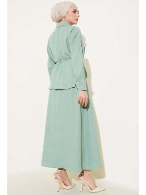 Yeşil Önü Büzgülü Etekli Bluz İkili Takım