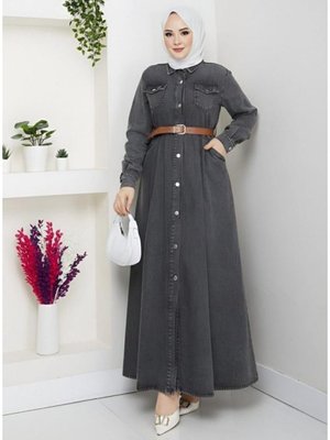 Düğmeli Kemerli Denim Kot Siyah Elbise