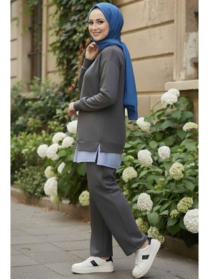 Grı Gri Eteği Çizgili Modal İkili Takım