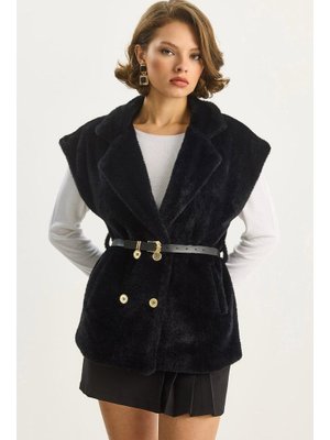 Siyah Suni Kürk Dokulu Kemerli Cep Detaylı Astarlı Yelek