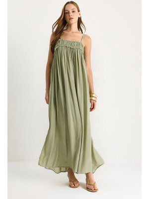 Çağla Yeşili Askılı Büzgülü Cep Detaylı Astarlı İnce Pamuklu Elbise