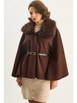 Acı Kahve Peluş Yaka Detaylı Kemerli Kaşe Panço