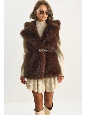 Acı Kahve Ceket Yaka Astarlı Kemerli Kürk Yelek