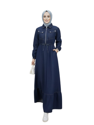 Cep Detaylı Fermuarlı Lacivert Kot Elbise