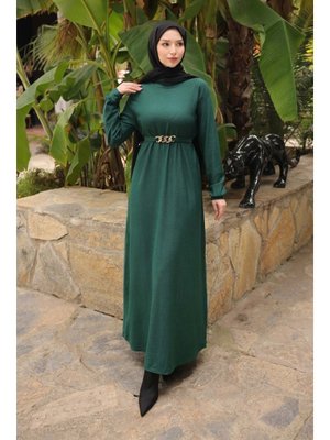 Zümrüt Yeşili Zincir Kuşaklı Fitilli Elbise