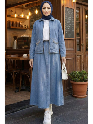 Taş İşlemeli Ceket Ve Beli Lastikli Kot Mavi Etek İkili Takım