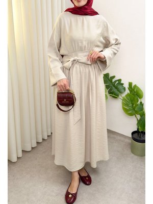Bej Yüksek Bel Kuşak Bağlamalı Elbise