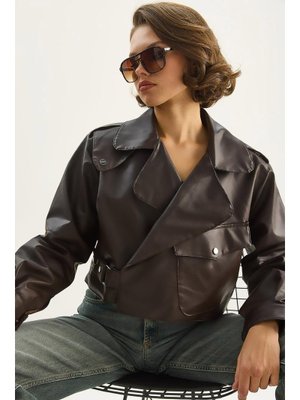 Acı Kahve Geniş Cep Detaylı Kemerli Oversize Crop Deri Ceket