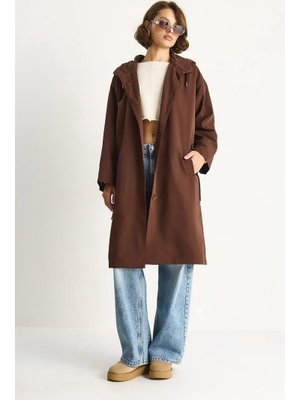Acı Kahve Kapüşonlu Astarlı Cep Detaylı Orta Boy Mevsimlik Trençkot